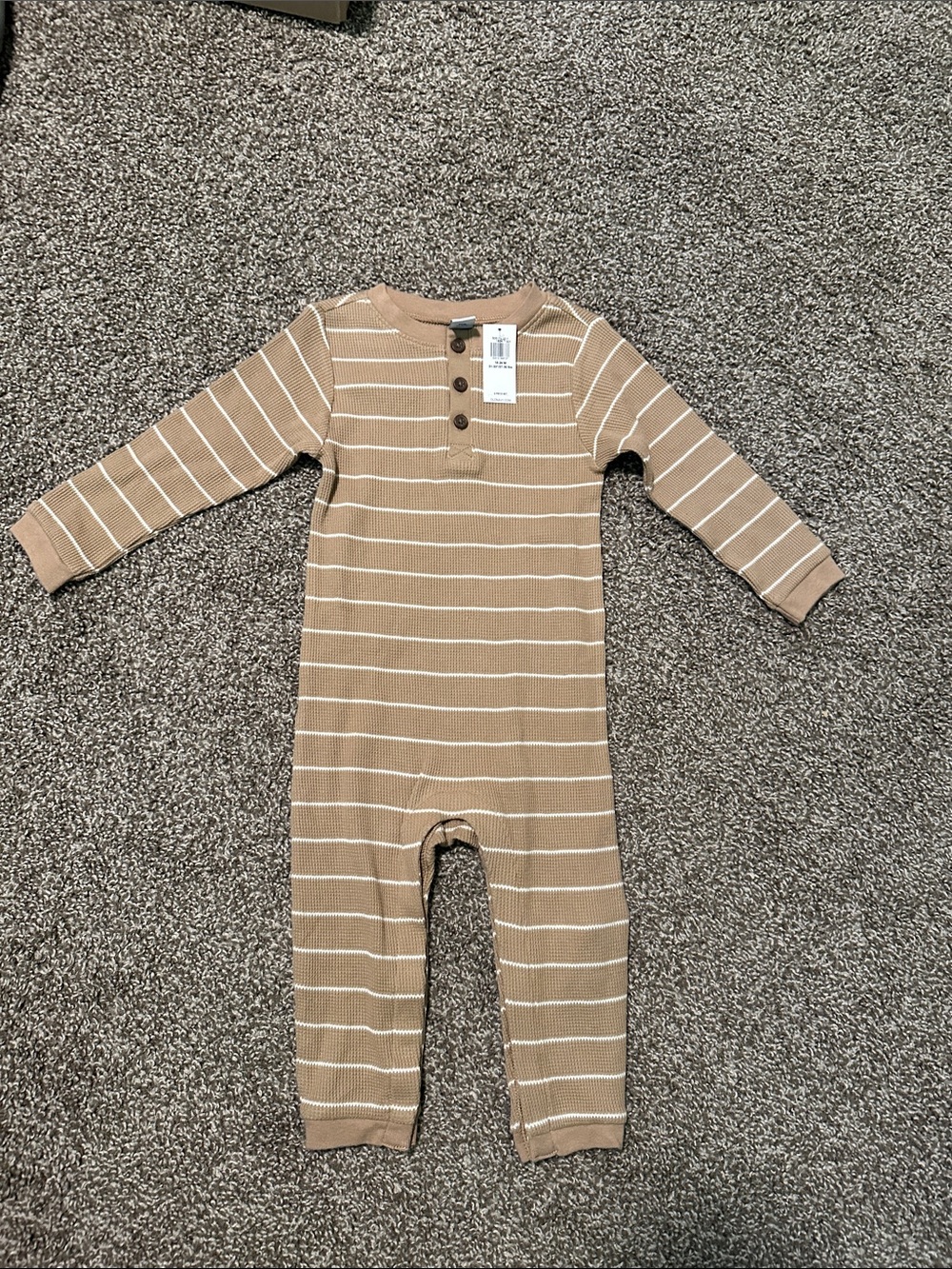 Old Navy Tan and White Striped Ribbed Baby One-Piece with Button Placket